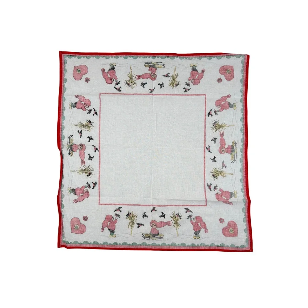 VTG Trad'l Swedish Christmas Tablecloth 22x22 White Red Scandinavia Tomte Gnomes